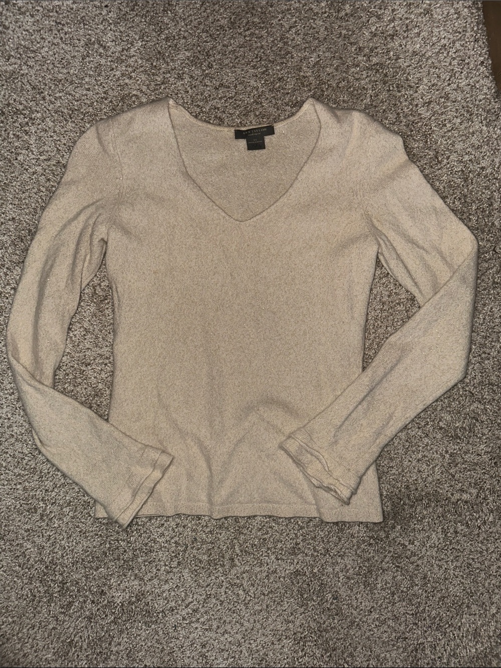 Ann Taylor Metallic Champagne V-Neck Long Sleeve Top